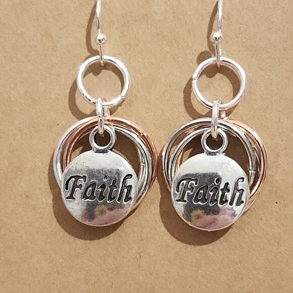Handmade - Silver and Copper Spiral Chainmail Earrings w/ "Faith"  Medallion - Picture 5 of 6